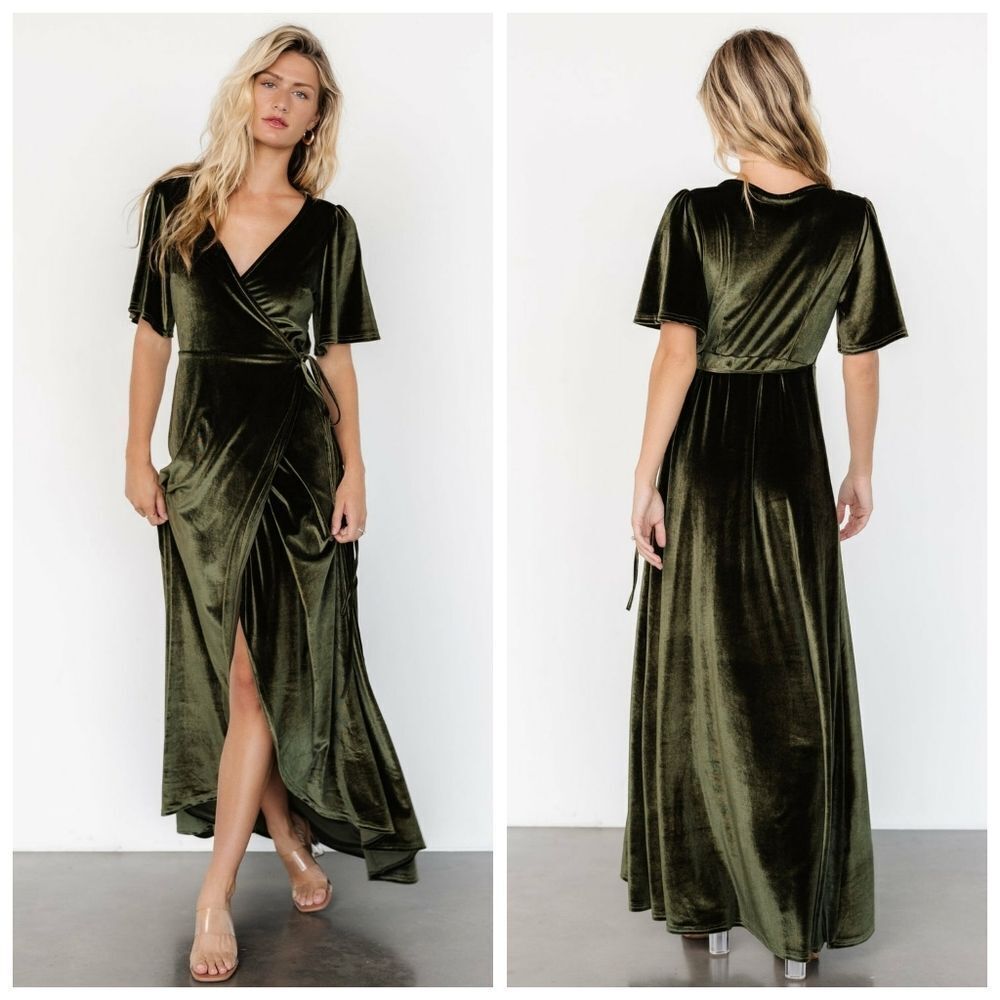 Baltic Born Katelyn Dark Olive Velvet Maxi Wrap Dress